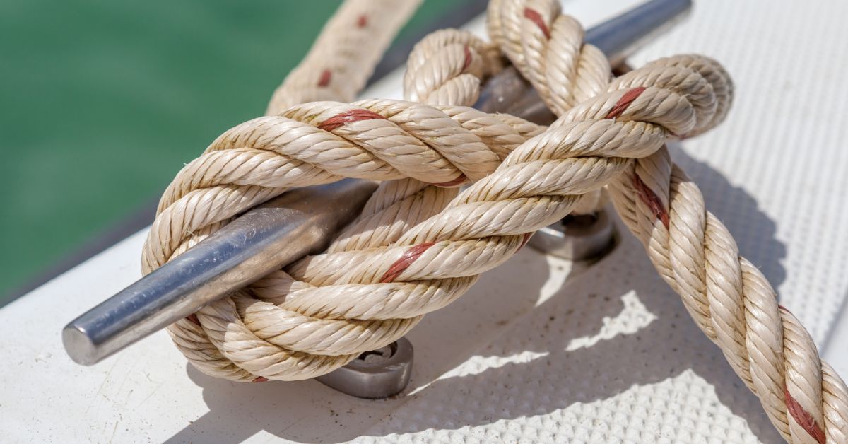 A close-up shot of a line tied neatly to the boat's cleat. The line is beige with a red stripe running through it.