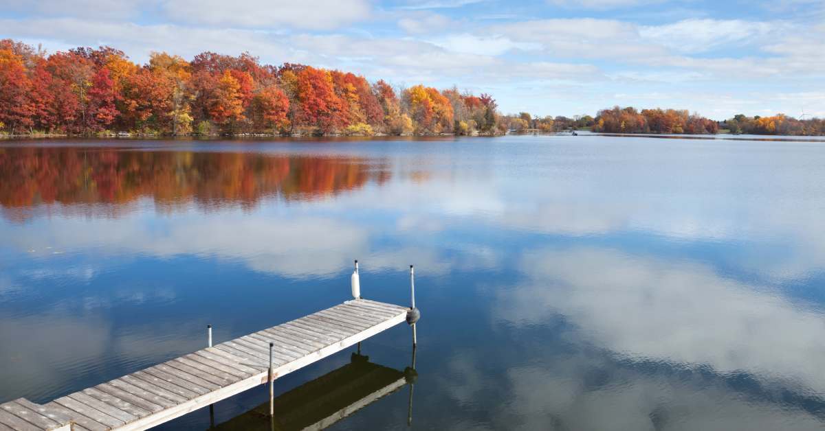 A still, pristine lake surrounded by an autumnal forest; on the left side of the image juts out a small metal dock.