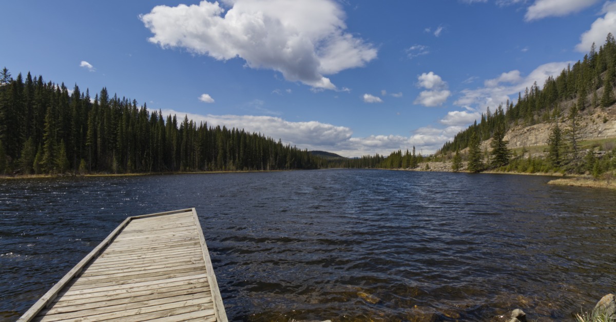 An empty wooden dock on a lake. The sky above has a few clouds, and across the lake is a large expanse of trees.