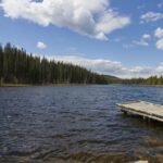 A wooden dock extending into a rippled lake surrounded by evergreen trees, rocky shore, blue sky, and white clouds.