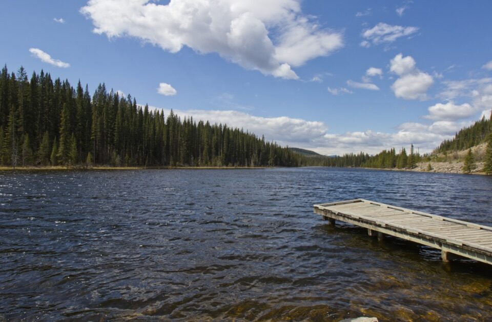 A wooden dock extending into a rippled lake surrounded by evergreen trees, rocky shore, blue sky, and white clouds.
