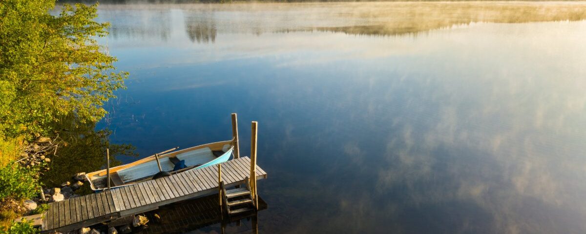 A wooden dock extending into a calm lake, with reeds, morning light, misty shoreline, and trees under a pale sky.