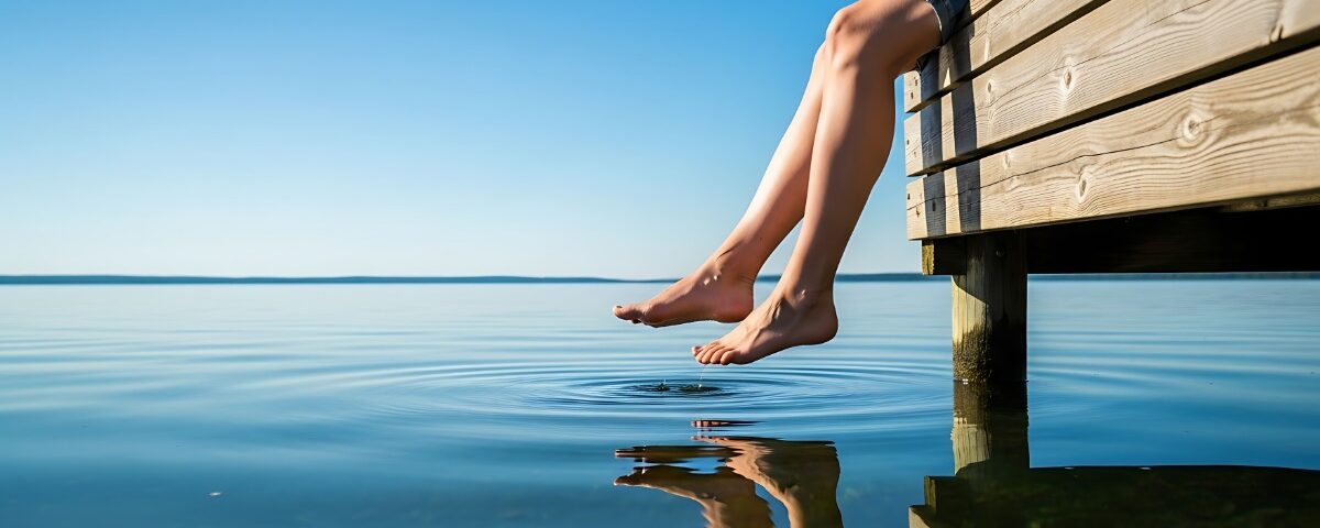 A person sitting on a wooden dock with feet over calm lake water, with trees and a pale sky in the distance.