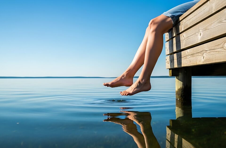 A person sitting on a wooden dock with feet over calm lake water, with trees and a pale sky in the distance.